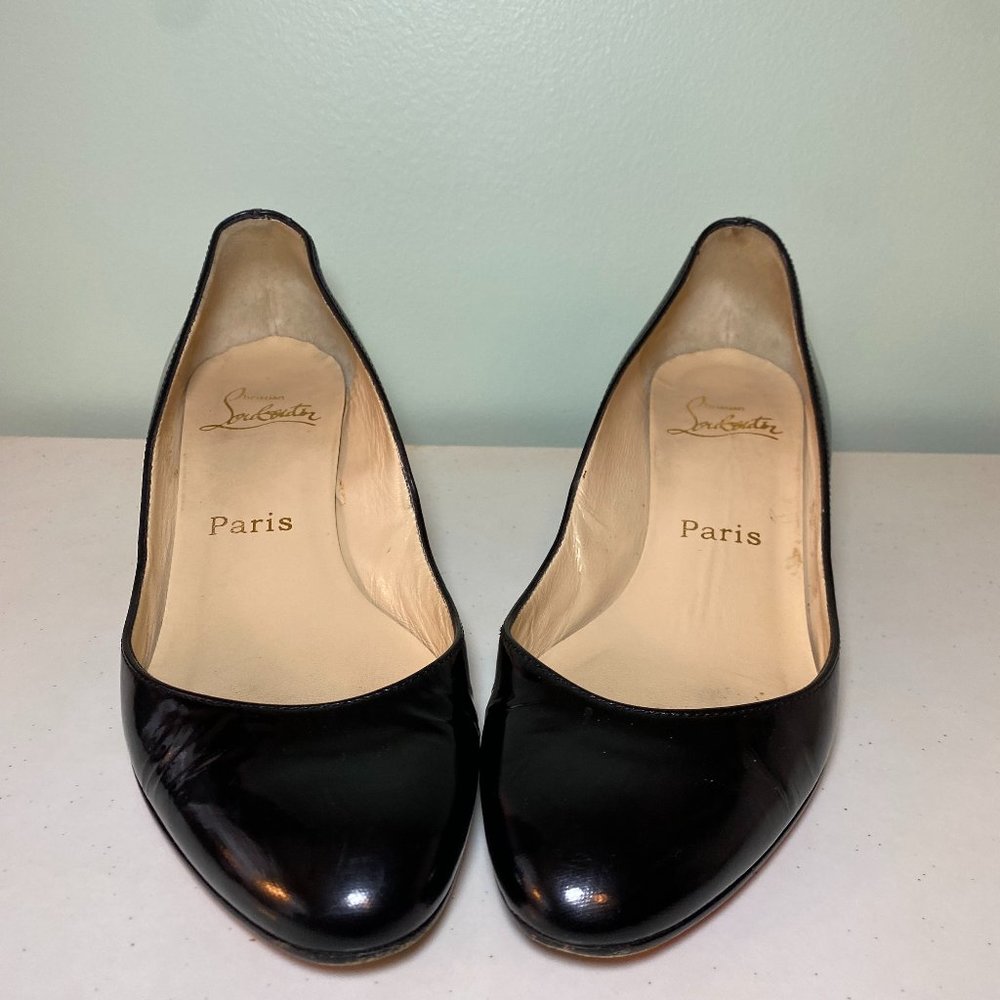 Louboutin Black Patent Wedges Low Heels: 1.75"